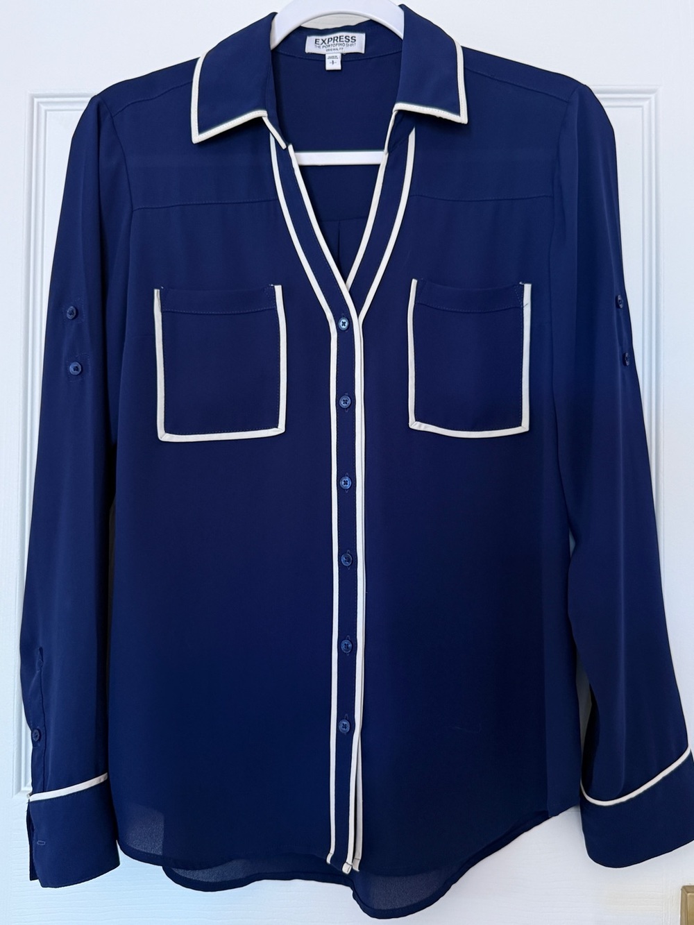 Express Navy Button-Down Blouse with White Piping, Size Small